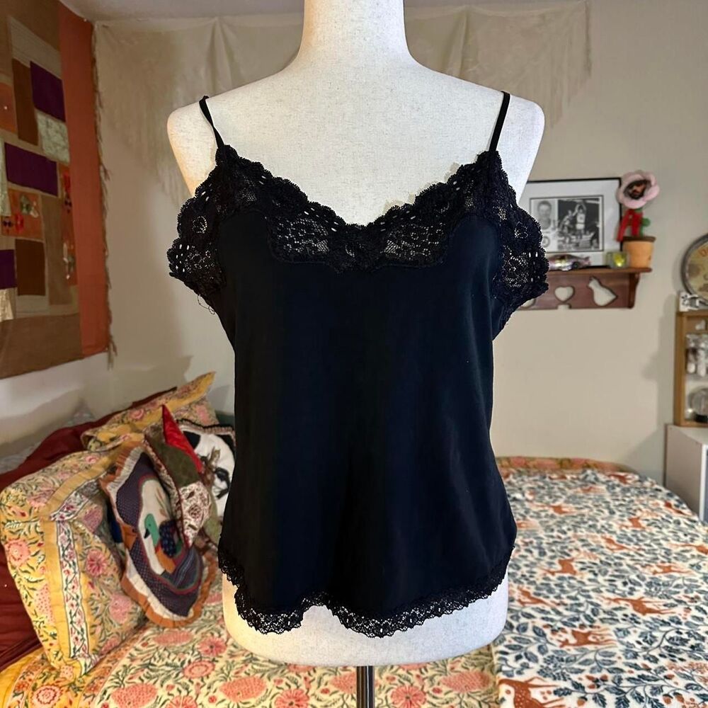 Fashion Bug Vintage Cotton Black and Lace-Lined Tank Top